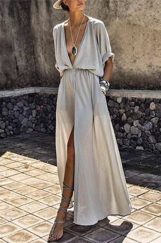 Deep V-neck Solid Color Mid-sleeve Large Swing Skirt Split Long Dress