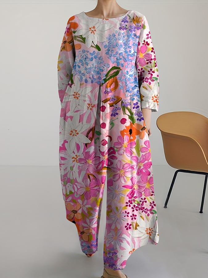 Women's Elegant Floral Long Sleeve Pocket Shirt Jumpsuit