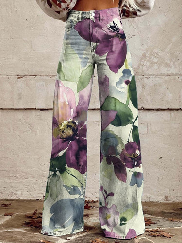 Women's Vintage Botanical Floral Wide Leg Pants