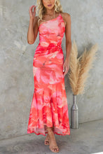 Load image into Gallery viewer, Deja Mesh Overlay Floral Print One Shoulder Ruched Stretch Maxi Dress