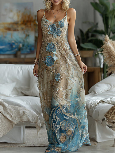 Vintage Marble Texture Collection Bohemia Gradient Gilded With Rose Pattern Linen Suspender Long Dress