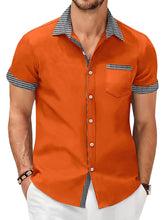 Load image into Gallery viewer, Men's summer cotton and linen houndstooth solid color short-sleeved shirt