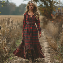 Load image into Gallery viewer, Women's Vintage V-neck Bohemian Pastoral Plaid Style Long-sleeve Maxi Long Dress