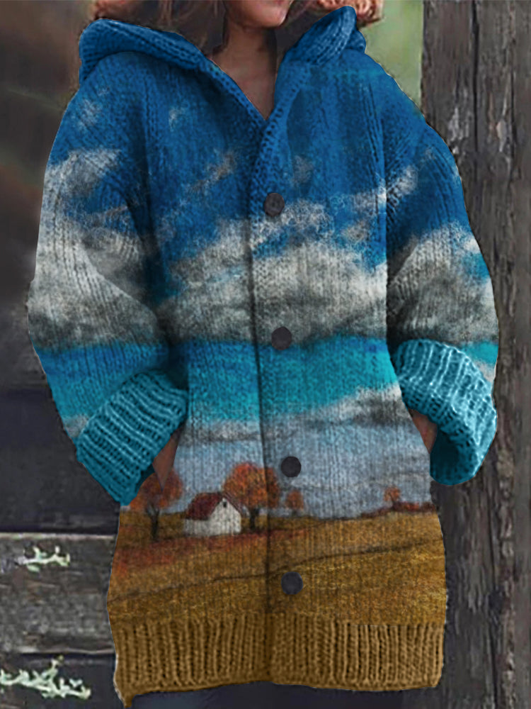 Farm Landscape Felt Art Cozy Hooded Cardigan