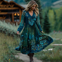 Load image into Gallery viewer, Classy Gradient Blue Rose And Floral Embroidered Linen Long Sleeve Maxi Dress