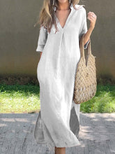 Load image into Gallery viewer, Women's Solid Color V-Neck Linen Pocket Dress