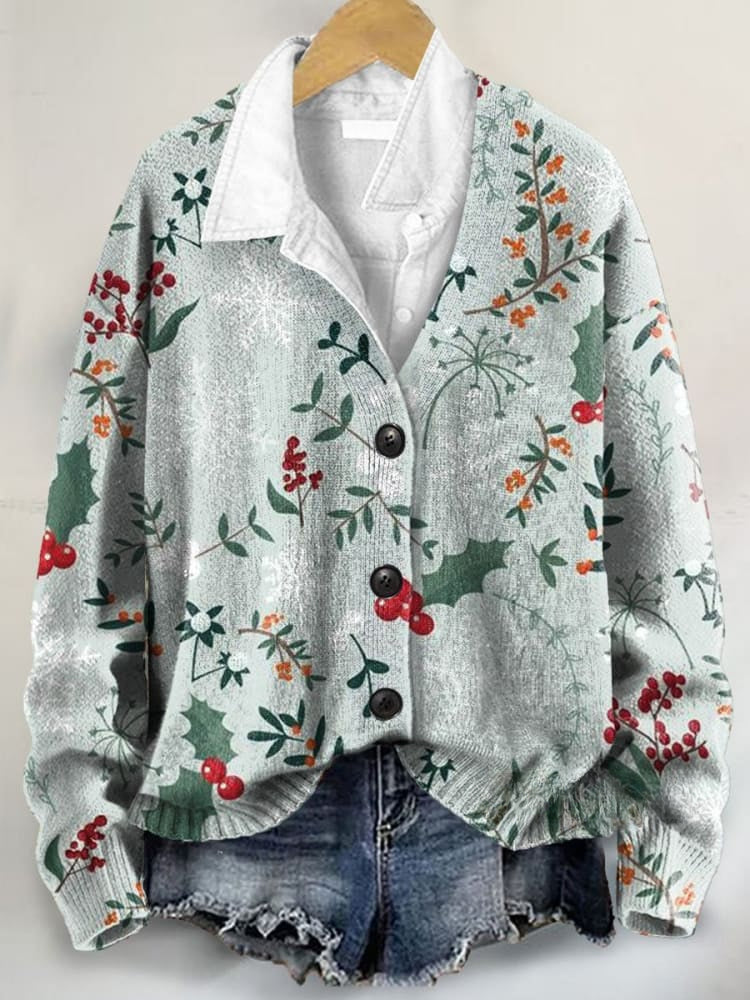 Christmas Fruit Art Print Buttoned V-neck Cardigan Sweater