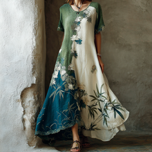 Load image into Gallery viewer, Women's Vintage Oil Painting Flowers And Bamboo Leaves Art Round Neck Dress