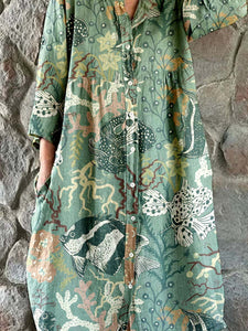 Women's Elegant Vintage Underwater World Pattern Print Shirt Style Cotton and Linen Dress