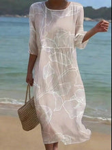 Load image into Gallery viewer, Women's Casual  Round Neck Mid Sleeve Print Cotton and Linen Dress