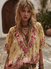Load image into Gallery viewer, Vintage Rose Floral Embroidered Short Sleeve T-shirt