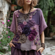 Load image into Gallery viewer, Vintage Purple Patchwork Rose Art Round Neck T-shirt