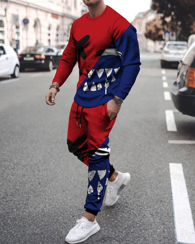 Men's casual Halloween color matching print long-sleeved sports set 041