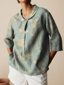 Women's Vintage Floral Art Print Casual Linen Cotton 3/4 Sleeve Shirt