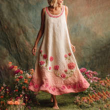 Load image into Gallery viewer, Pink Floral Embroidered Gradient Linen Tank Maxi Dress