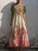 Load image into Gallery viewer, Vintage Pink Rose Embroidered Gradient Linen Maxi Dress