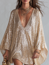 Load image into Gallery viewer, Champagne-colored Sequined Bohemian-style Mini Dress