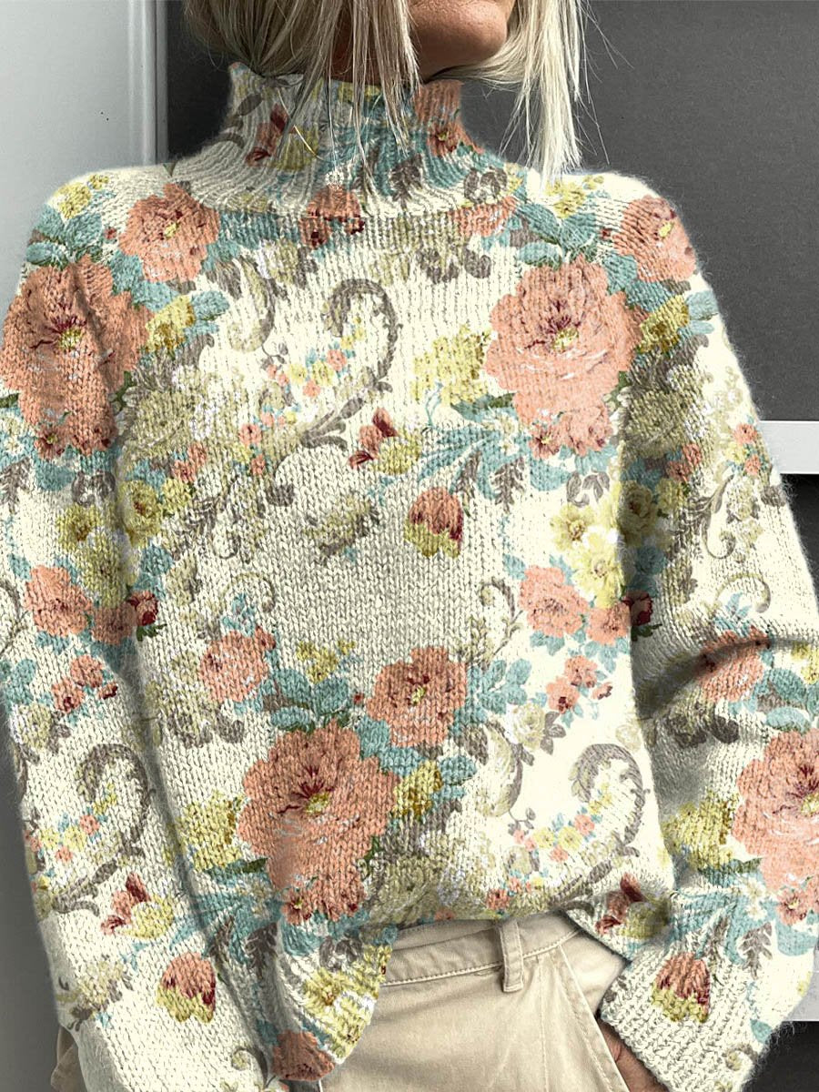 Women's Lovely Floral Art Print Knit Turtleneck Pullover Sweater