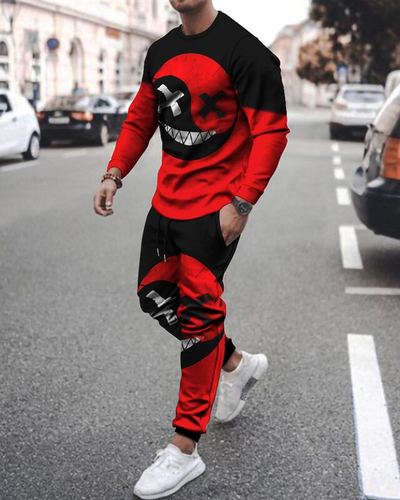 Men's casual Halloween color matching print long-sleeved sports set 047