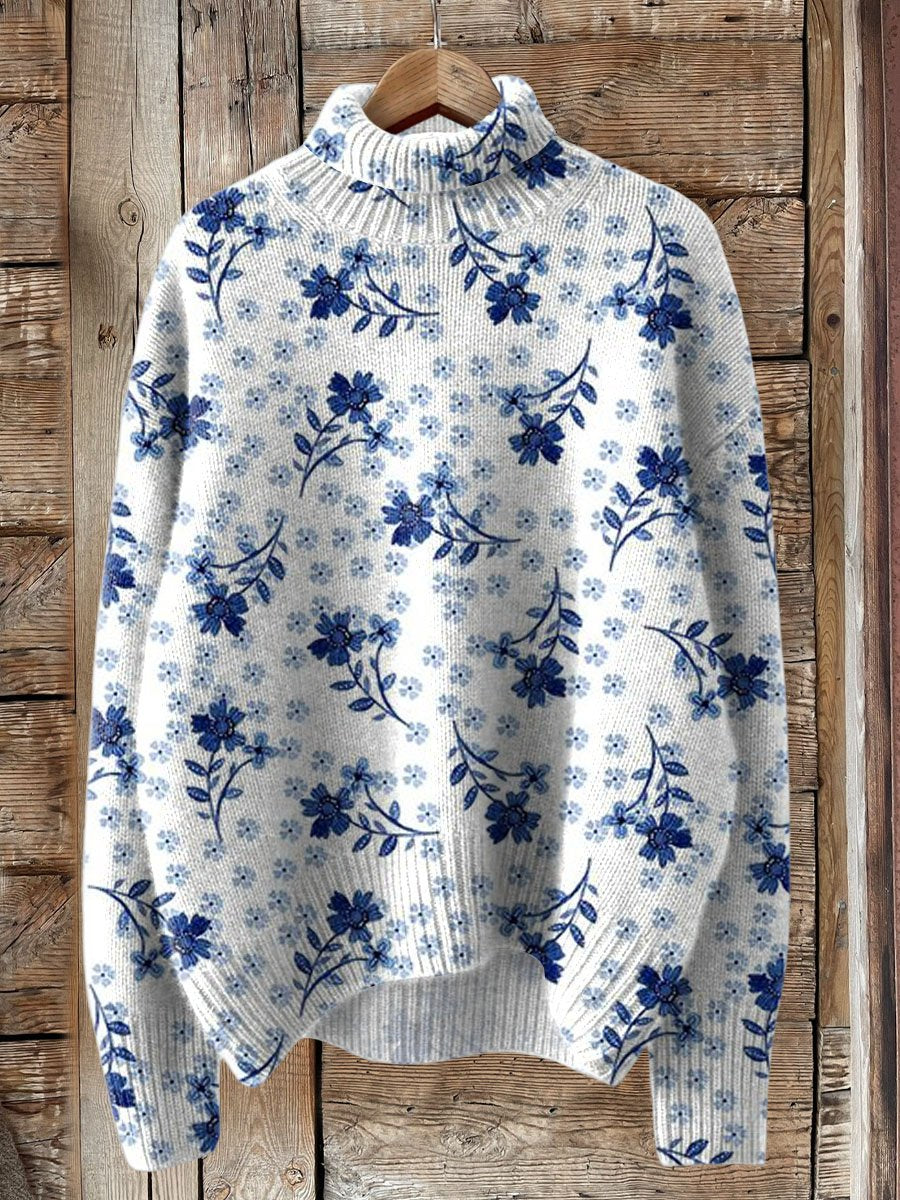 Lovely Floral Art Print Knit Turtleneck Pullover Sweater