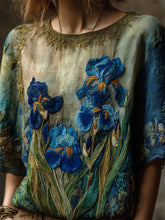 Load image into Gallery viewer, Vintage Irises Embroidered Gradient Flowy Linen Tunic