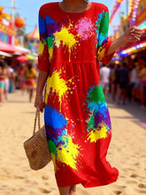 Load image into Gallery viewer, Women's Casual  Round Neck Mid Sleeve Print Cotton and Linen Dress