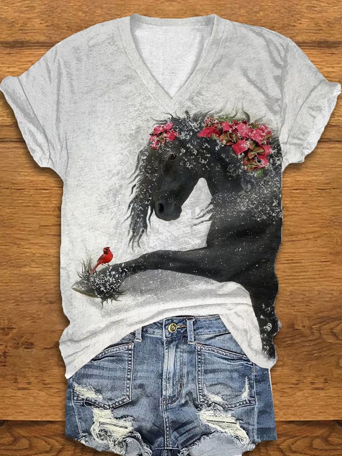 Women's Christmas Floral Black Horse V-neck T-shirt