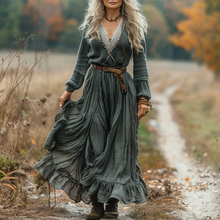 Load image into Gallery viewer, Women's Vintage Pastoral Style V-neck Linen Long-sleeve Maxi Long Dress