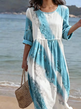 Load image into Gallery viewer, Women's Casual  Round Neck Mid Sleeve Print Cotton and Linen Dress