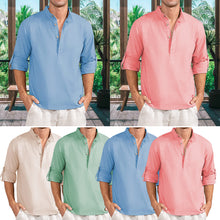 Load image into Gallery viewer, Men's Linen Henley Shirt Roll-Up Long Sleeve Plus Size Summer Shirts