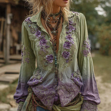 Load image into Gallery viewer, Vintage Classy Gradient Purple Pansy Embroidered Art Linen Long Sleeve Blouse