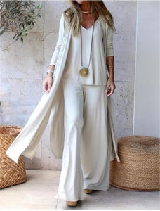 Women's Fashion Loose Fitting Three Piece V-neck Strap+Straight Pants+Long Cardigan