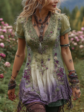 Load image into Gallery viewer, Vintage Purple Lavender And Floral Embroidered Linen Short Sleeve Shirt