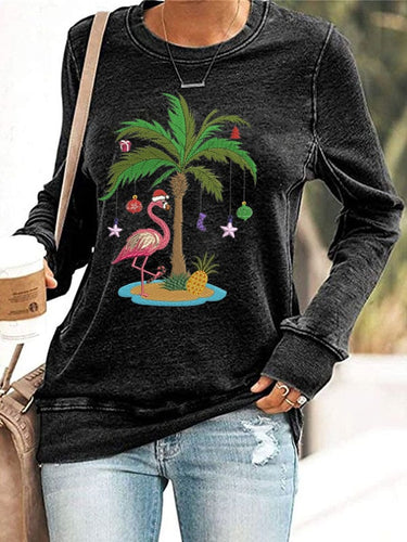 Women's Christmas Palm Tree Flamingo Embroidery Print Sweatshirt