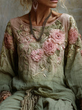 Load image into Gallery viewer, Vintage Pink Roses Forest Gradient Linen Tunic