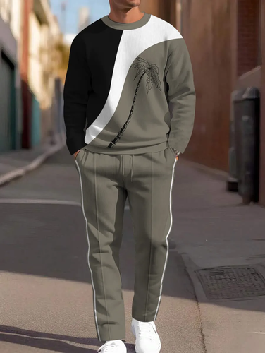 Men's Simple Colorblock Round Neck Casual Sports Set 0115