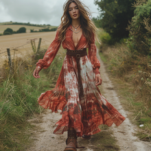 Load image into Gallery viewer, Women's Retro V-neck Linen Pastoral Halloween Style Long-sleeve Maxi Long Dress