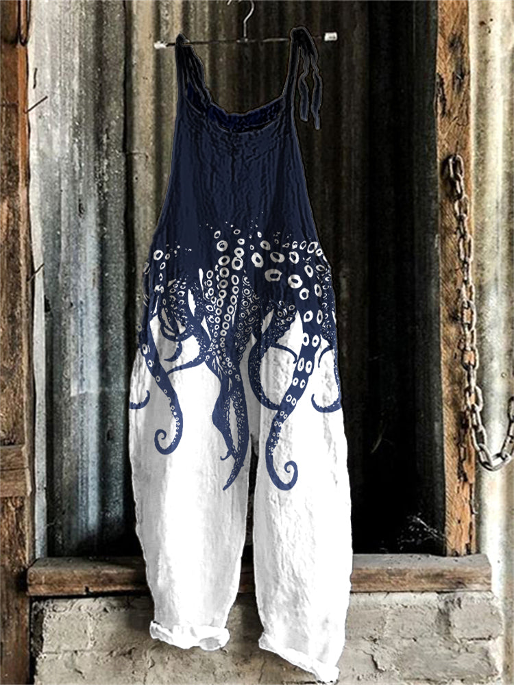 Japanese Art Ocean Octopus Print Cotton Blend Jumpsuit