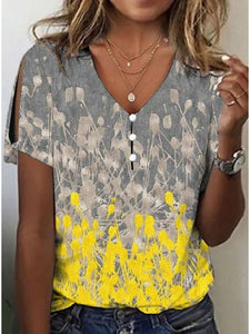 Women's Casual Short Sleeve Floral V Neck Tee