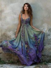 Load image into Gallery viewer, Vintage Floral Embroidered Purple Gradient Flowy Linen Maxi Dress