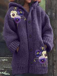 Pansy Flowers Embroidery Cozy Knit Hooded Cardigan