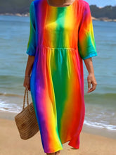 Load image into Gallery viewer, Women's Casual  Round Neck Mid Sleeve Print Cotton and Linen Dress