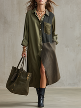 Load image into Gallery viewer, Refined Olive Color-Block Shirt Midi Dress