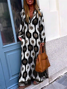 Long Sleeves Loose Printed V-Neck Maxi Dresses