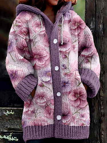 Pansy Flower Embroidery Pattern Cozy Hooded Cardigan