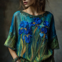 Load image into Gallery viewer, Oil Painting Inspired Irises Embroidered Flowy Linen Tunic