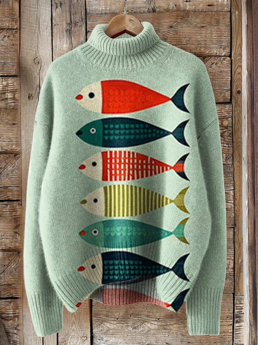 Fish Art Print Knit Turtleneck Pullover Sweater