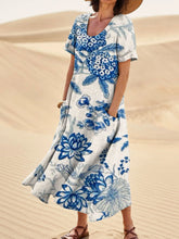 Load image into Gallery viewer, Women's Retro Floral Art Print Casual Linen Pocket Dress