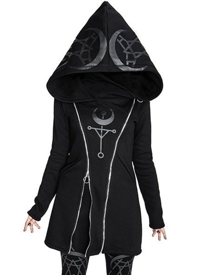 Gothic Style Dark Print Long-Sleeved Hooded Double Zipper Women'S Long Sweater