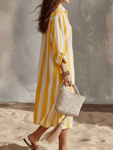 Load image into Gallery viewer, Relaxed Striped Resort Yellow &amp; White Stripe Midi Dress